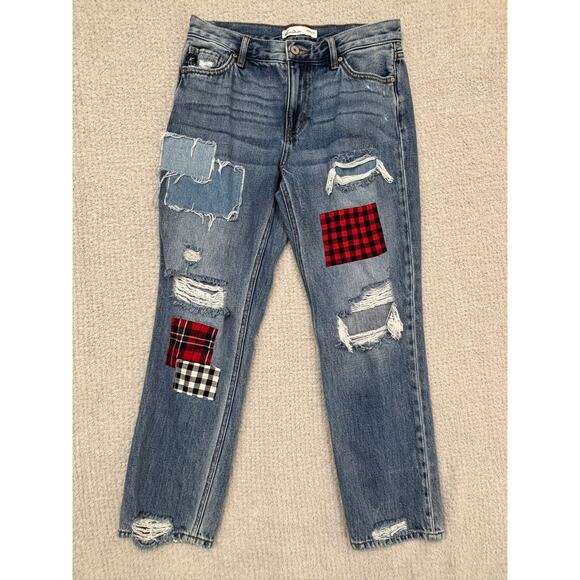 Kancan Blue Distressed Patchwork Straight Leg Jeans Size 2 #50775 - Picture 1 of 3
